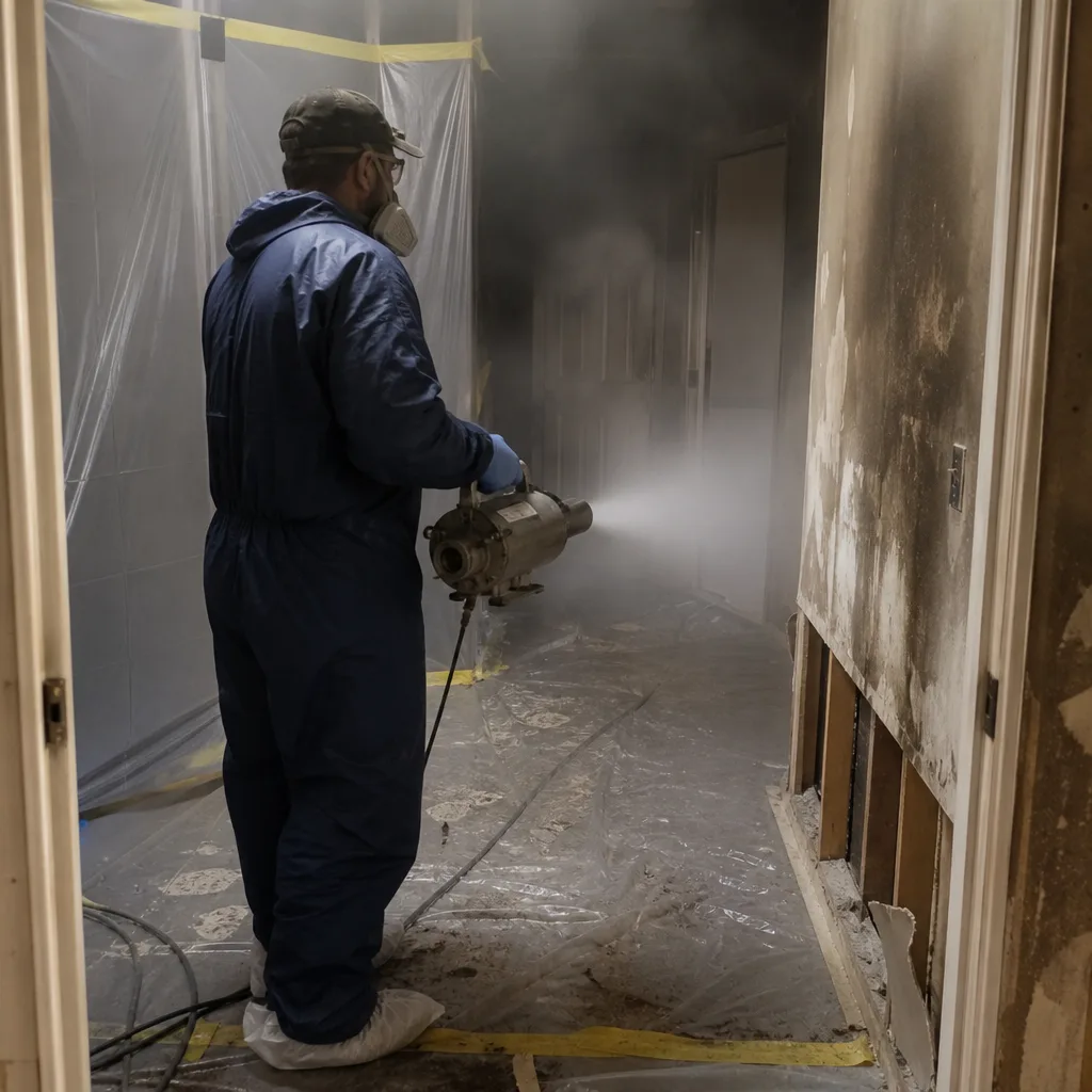 Technician performing fire and smoke damage restoration with professional equipment
