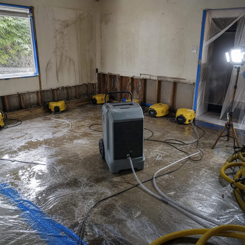 Industrial water damage restoration equipment drying a residential room.