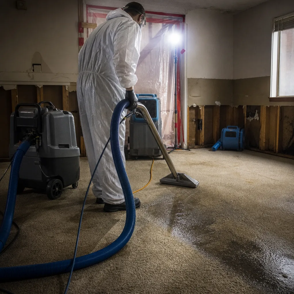 Technician using industrial water extraction equipment to dry carpet after flood damage